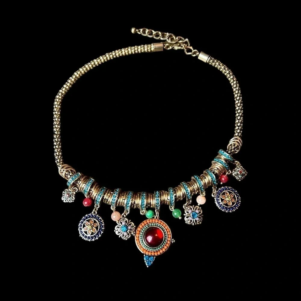 Gold Tone Necklace W/ Jewel Tone Beaded & Rhinestone Charms and Medallions - Picture 15 of 16